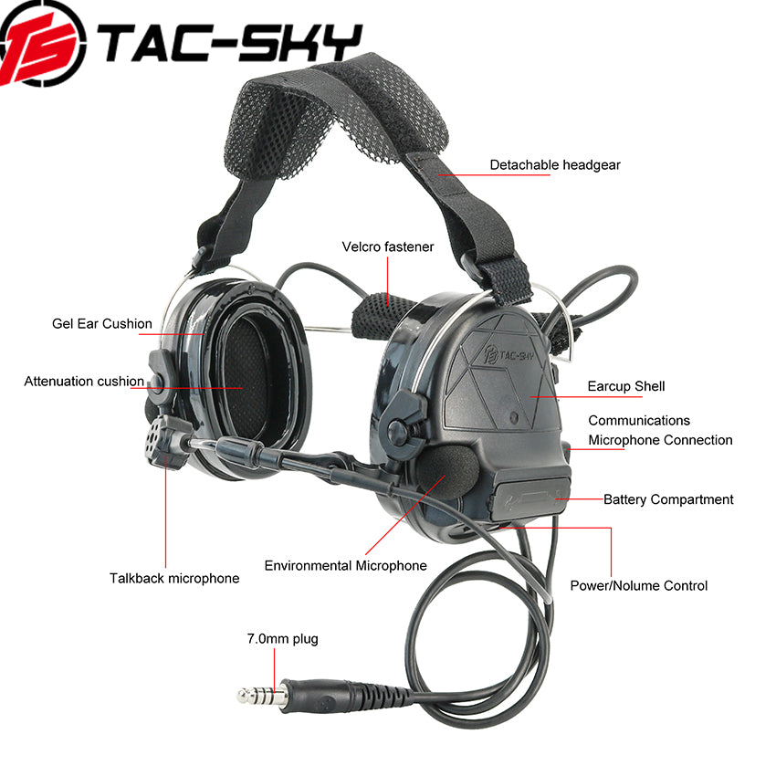 TS TAC-SKY Tactical Headset C5 Pro Noise Reduction Gel Earpad Neckband Headband for Airsoft + V2 PTT