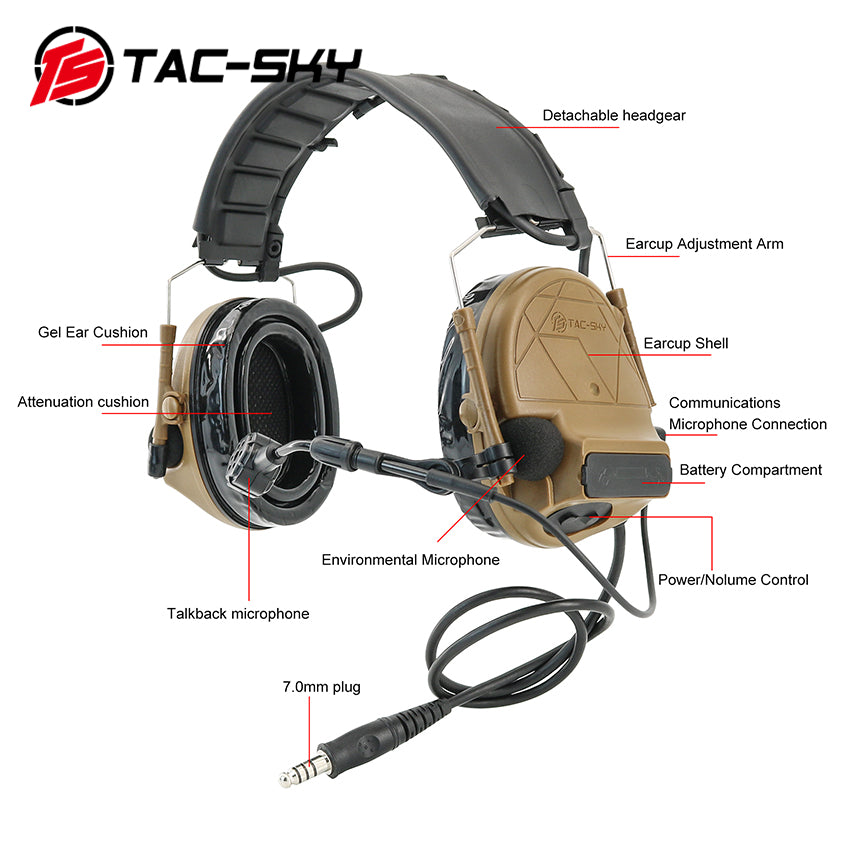 TS TAC-SKY Tactical Headset Electronic C5 Pro Hearing Protection Active Noise Cancellation for Airsoft + U94 PTT