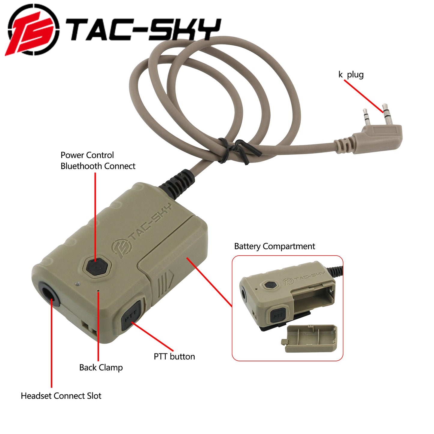 TS TAC-SKY Tactical Headset Extension Cable PTT Adapter with Bluetooth for K 2 Pin Plug