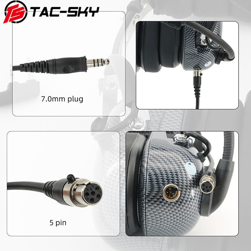 TAC-SKY Tactical 5-Pin Plug Cable, 7.0mm Jack Replacement Cable for Pilot Headset