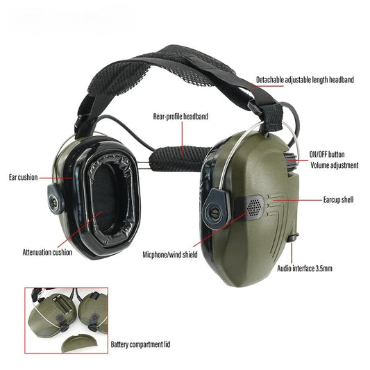New Tactical Rear-Mount Headband Electronic Noise-Canceling Earmuffs with Gel Ear Pads