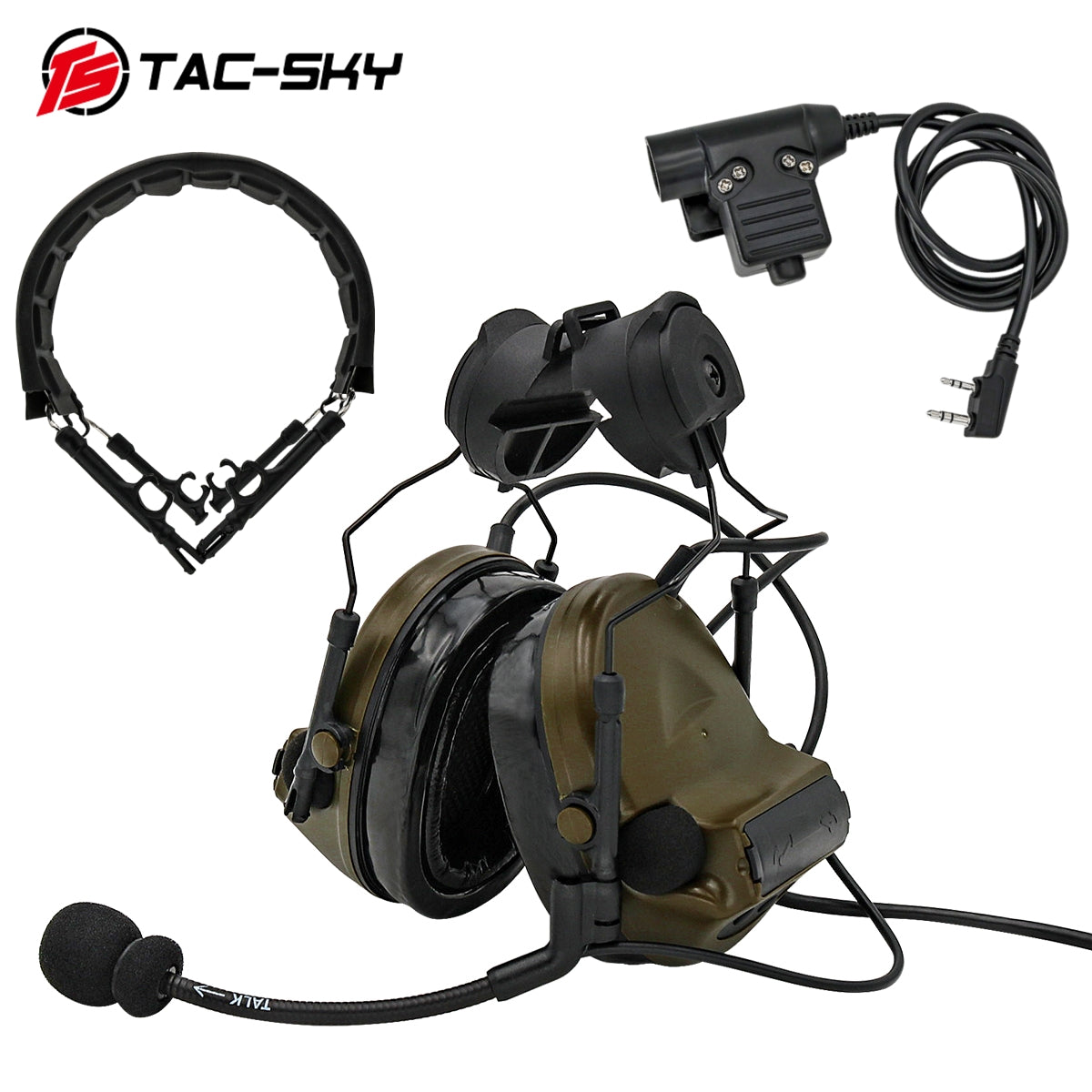 TS TAC-SKY C2 Tactical Headset Helmet Version With ARC Rail Adapter Noise reduction Silicone Earmuffs Airsoft Hunting + Headband + U94 PTT
