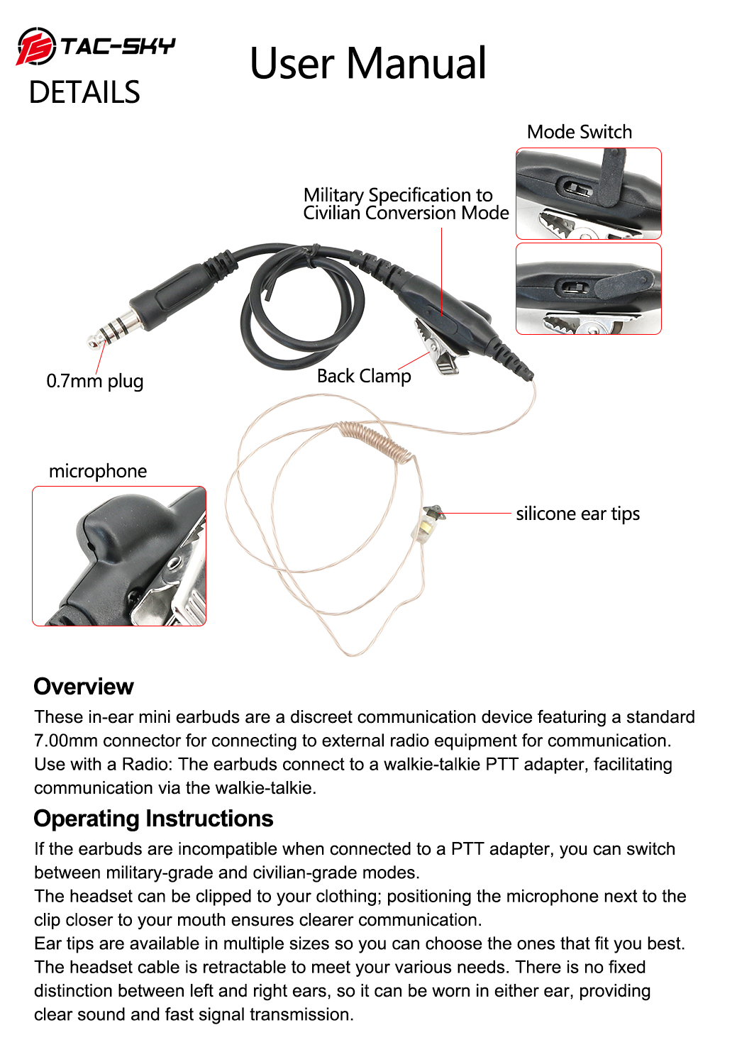 TAC-SKY Tactical Light Mini Headphones with Military/Civilian dual-Mode Support, Compatible with Baofeng UV-5R