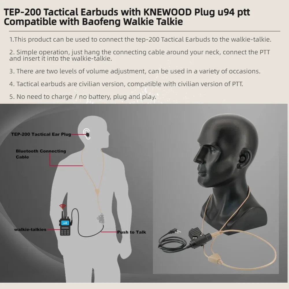 TAC-SKY Tactical TEP-200 Bluetooth PTT Communication Headset, Compatible with Baofeng UV5R Walkie-Talkie