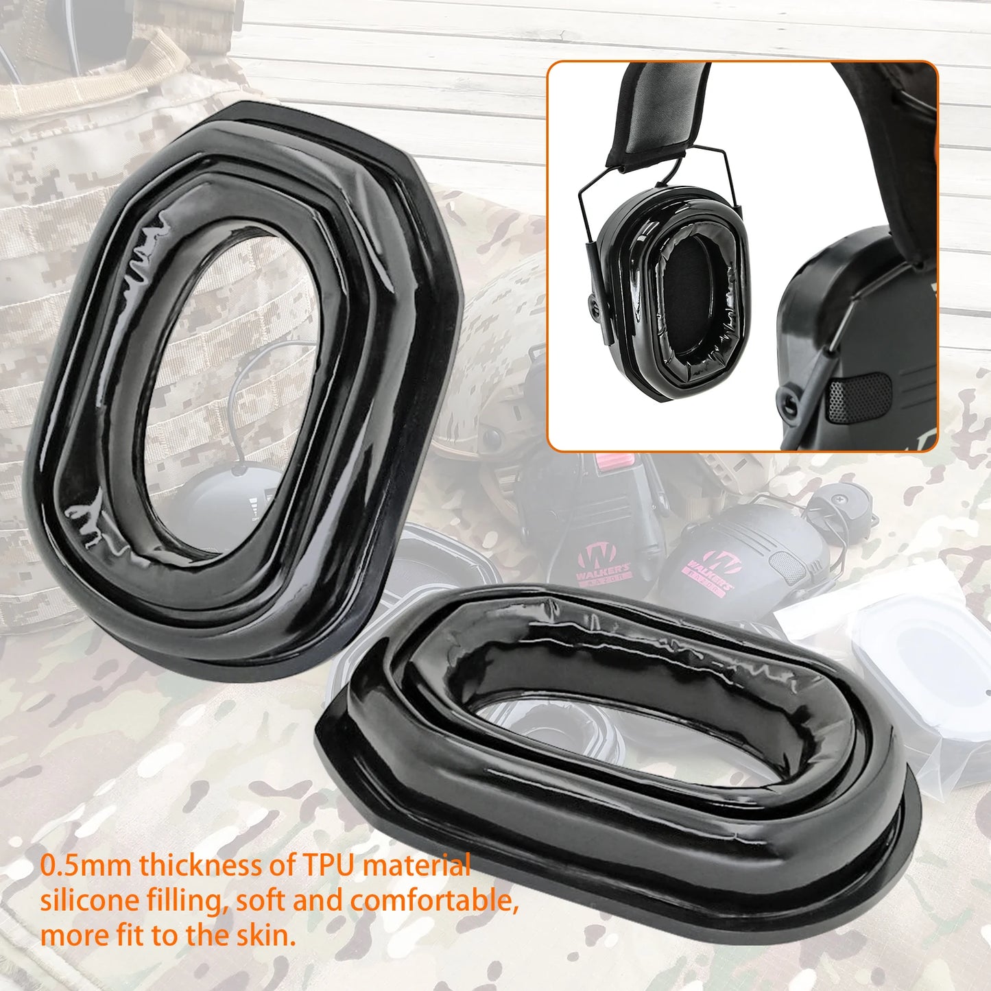 Tactical Noise-Canceling Gel Ear Pads, for Walkers Razor electronic hearing protection headphones