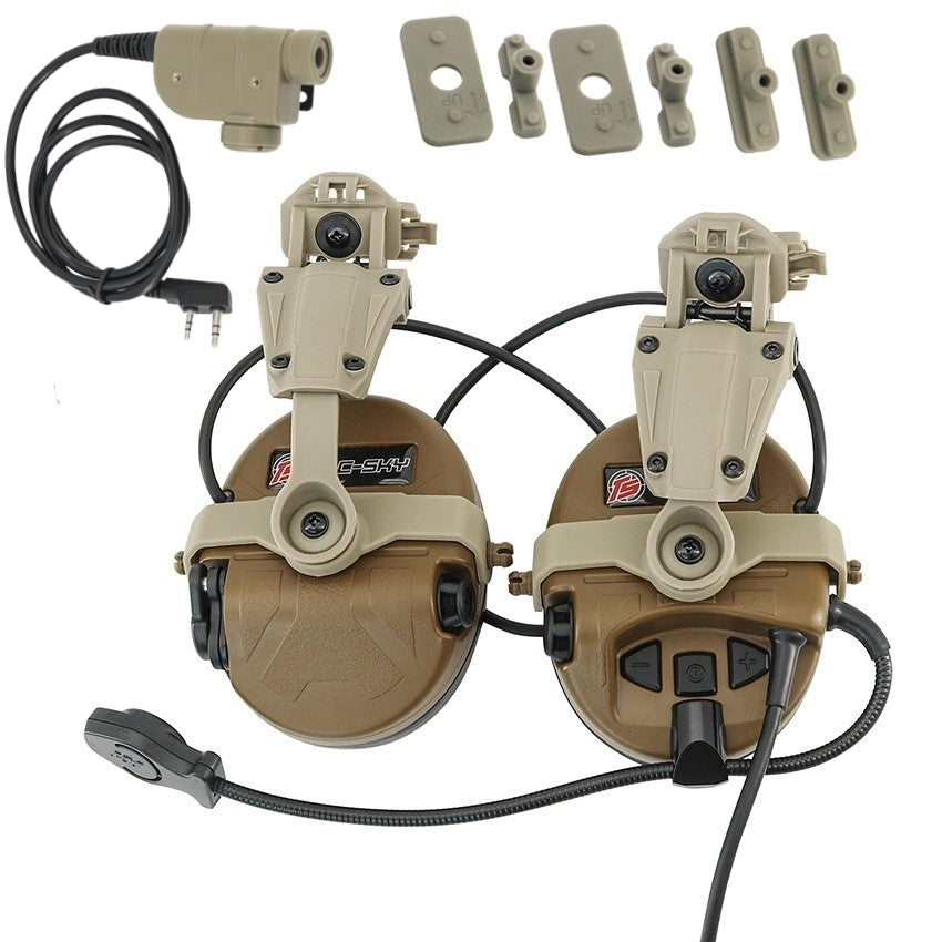 TS TAC-SKY ARC Rail Helmet Mounting Active Noise Cancelling Tactical Headset T201 Silicone Earmuffs + PTT