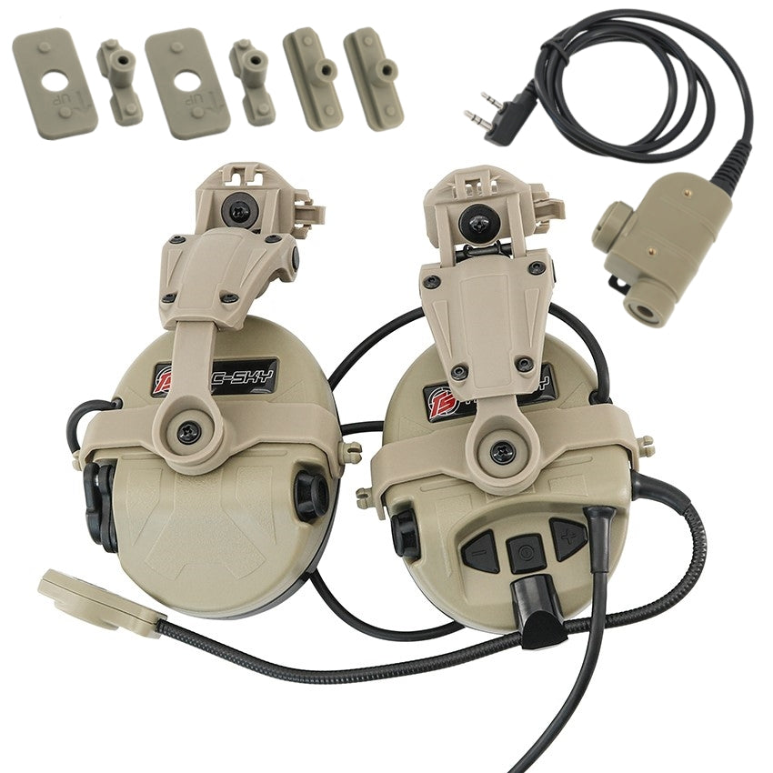 TS TAC-SKY ARC Rail Helmet Mounting Active Noise Cancelling Tactical Headset T201 Silicone Earmuffs + PTT