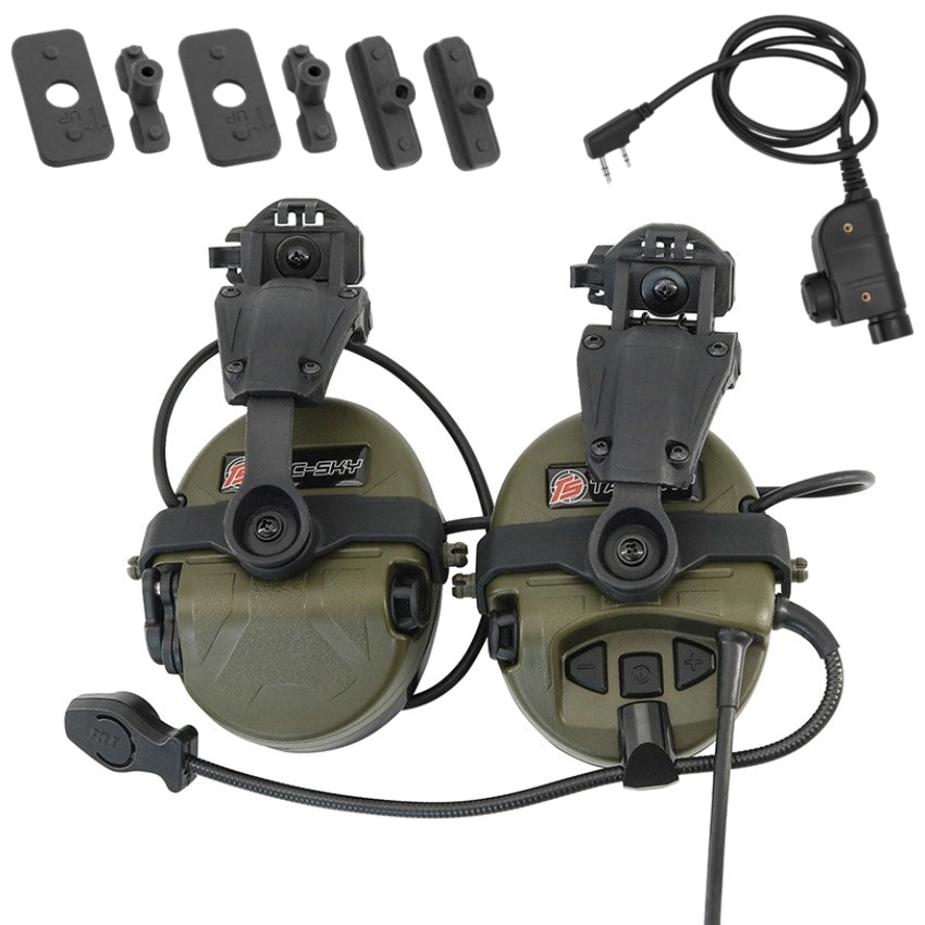 TS TAC-SKY ARC Rail Helmet Mounting Active Noise Cancelling Tactical Headset T201 Silicone Earmuffs + PTT