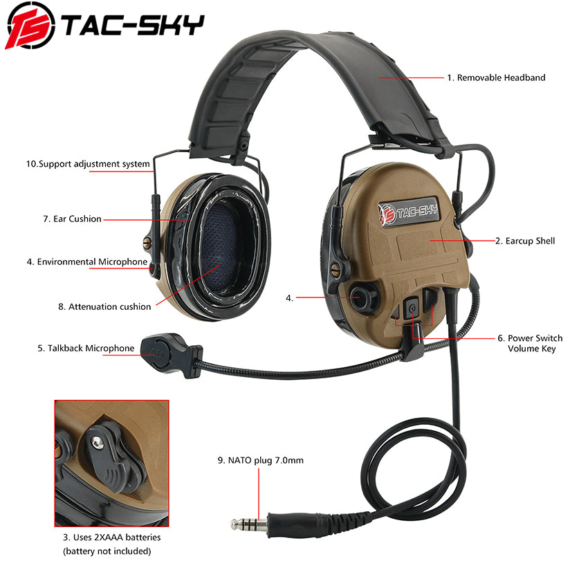 TS TAC-SKY Hearing Protection New Headband Electronic Tactical Headset T201 Active Noise Reduction Silicone Earmuffs + PTT