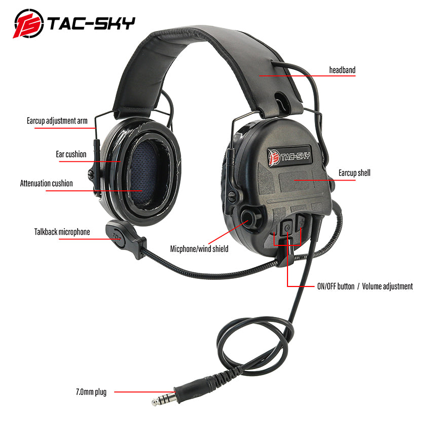TS TAC-SKY Tactical Headset Electronic Ear Pad Hearing Protection Noise Canceling Silicone Earmuffs + PTT
