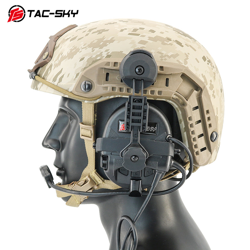 TS TAC-SKY ARC rail Helmet Mounting Tactical Headset T201 Active Noise Cancellation Hearing Protection Silicone Earmuffs + PTT