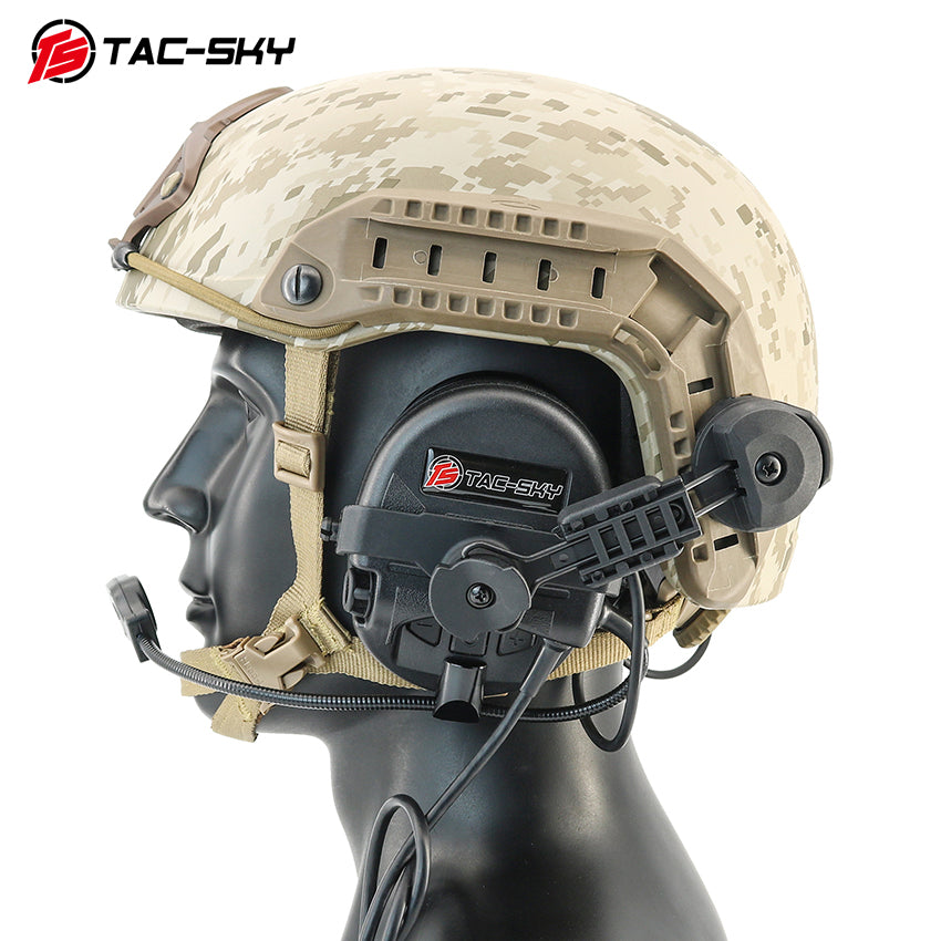 TS TAC-SKY ARC rail Helmet Mounting Tactical Headset T201 Active Noise Cancellation Hearing Protection Silicone Earmuffs + PTT