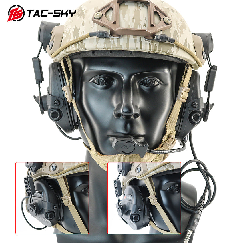 TS TAC-SKY ARC rail Helmet Mounting Tactical Headset T201 Pick up Sound Active Noise Cancellation Hearing Protection Silicone Earmuffs + PTT